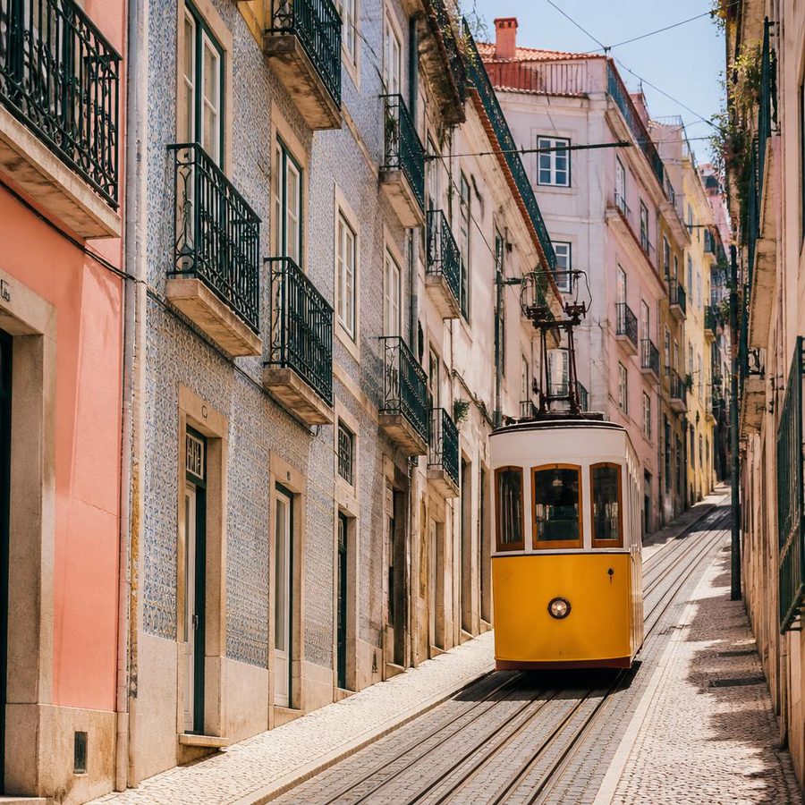 A yellow tram on a narrow street in Lisbon
